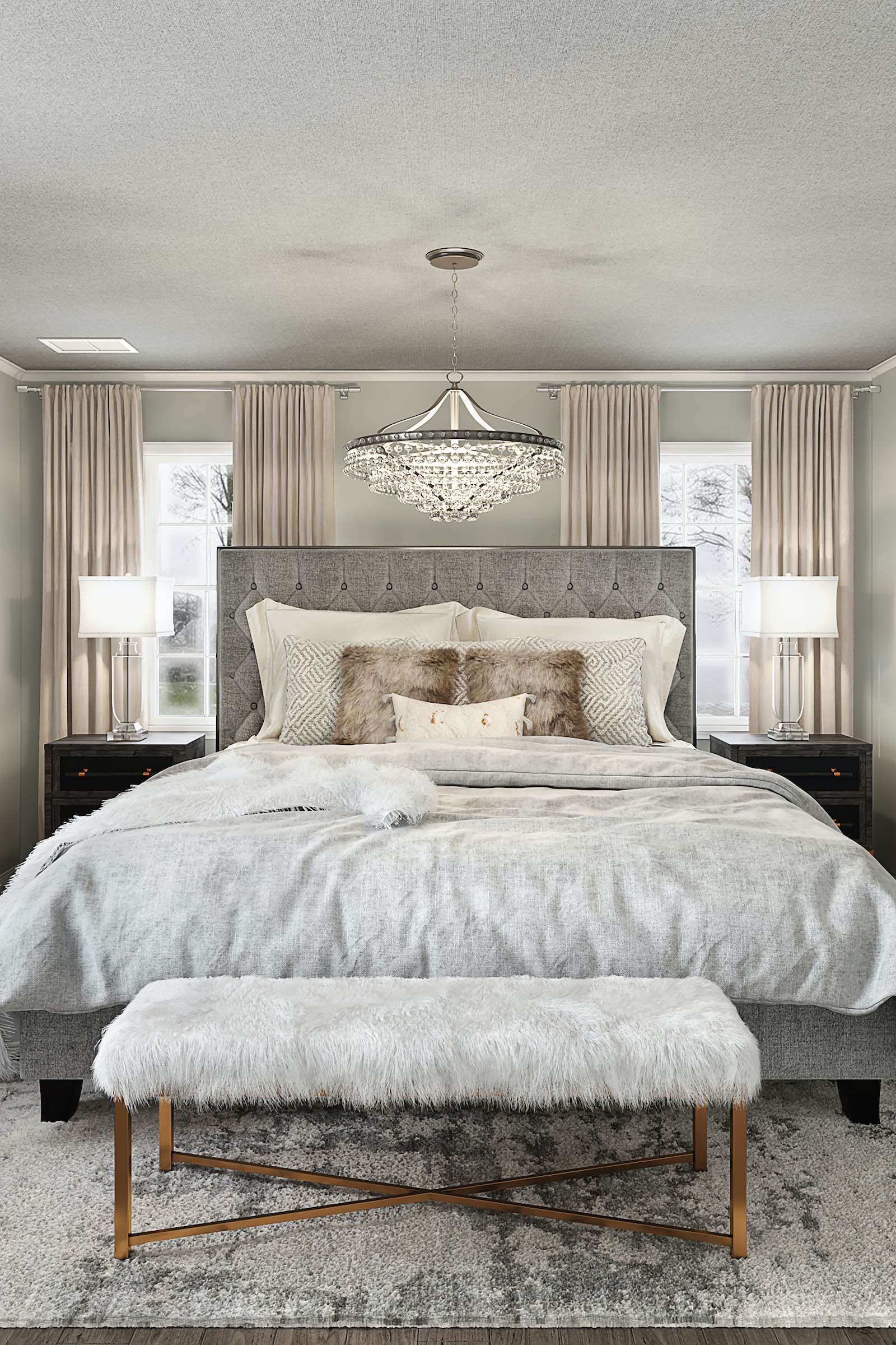 Vaalea makuuhuoneen sisustus